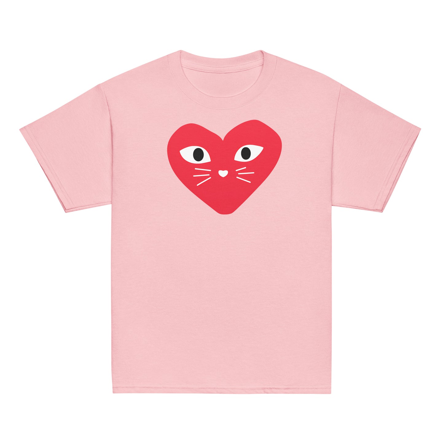 Kids cat t-shirt with red heart kitten logo, available in white, light pink, and bright pink, Maison Kitn design inspired by Comme des Garçons.