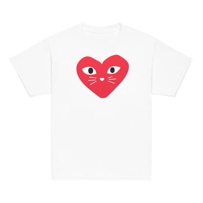 Kids cat t-shirt with red heart kitten logo, available in white, light pink, and bright pink, Maison Kitn design inspired by Comme des Garçons.