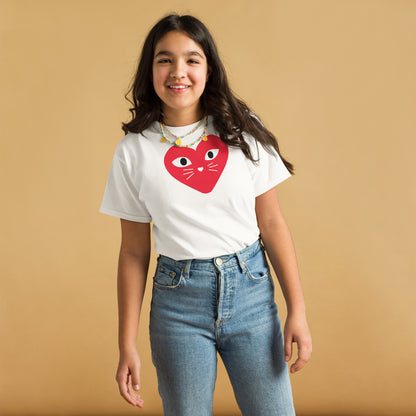 Kids cat t-shirt with red heart kitten logo on model, available in white, light pink, and bright pink, Maison Kitn design inspired by Comme des Garçons.