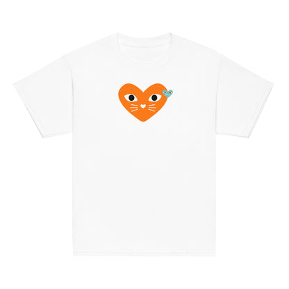 White t-shirt with orange and teal kitten hearts