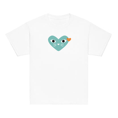 White t-shirt with a teal heart design featuring cat ears and a bow on a white background
