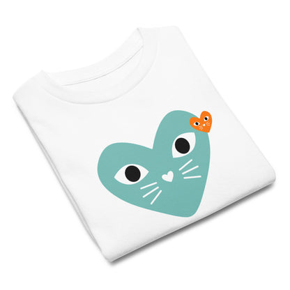 White t-shirt with a teal heart-shaped cat design on a white background