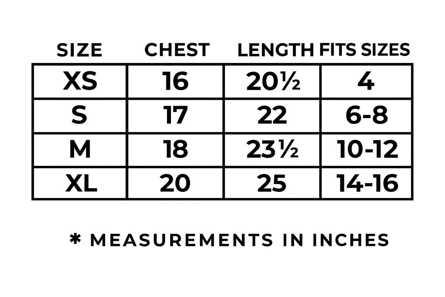 Size chart for clothing with chest and length measurements in inches.