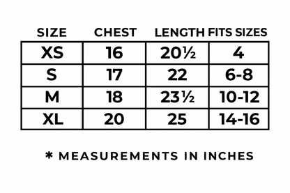 Size chart for clothing with chest and length measurements in inches.
